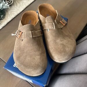 Birkenstock Taupe Suede Clogs